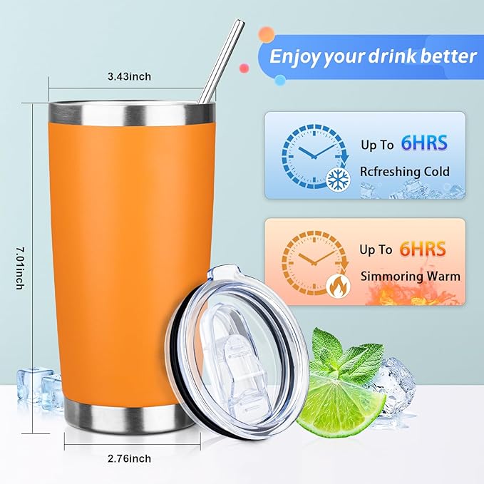 20oz Tumbler with Straw and Brush, Stainless Steel Vacuum Insulated tumbler, Double Wall Insulated Coffee Tumbler for Outdoor, Home, Travel,Office (Orange,4pcs)
