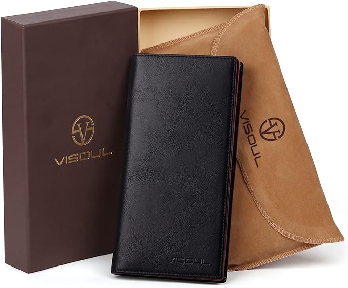 VISOUL Mens Leather Long Bifold Checkbook Wallets with RFID Blocking, Contrast Colors Breast Pocket Tall Billfold Secretary Wallet for Men with Card Slots (Black and Burgundy)