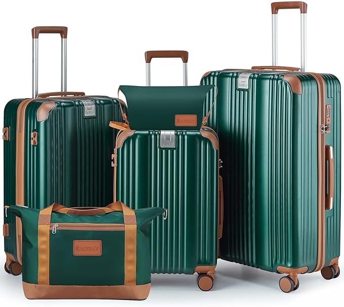 Luggage Set 3 Piece Luggage with PC+ABS Hardshell TSA Lock Spinner Wheels Carry on Lightweight Suitcase,Cup Holder,YKK Zippers (Dark Green, 5 piece sets(20/24/28/DB/TB))