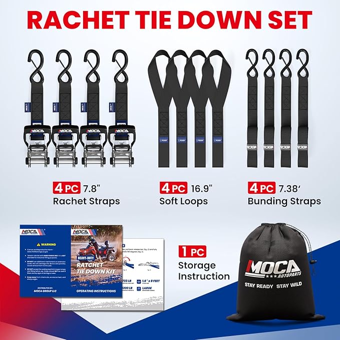 MOCA Heavy Duty Ratchet Tie Down Straps - 5200 Lbs Breaking Strength 1.6" x 8', Includes 4 Heavy Duty Ratchet Padded Handles & Coated Chromoly S Hooks & 4 Soft Loop Tie-Downs