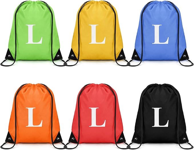 ZOMFELT 6Pcs Drawstring Backpack Drawstring Gym Bags, Foldable Draw String Backpack with Multiple Colors and Letters, Lightweight Polyester Cinch Bag for Gift, Beach, Sports, Travel, Swim (Letter L)