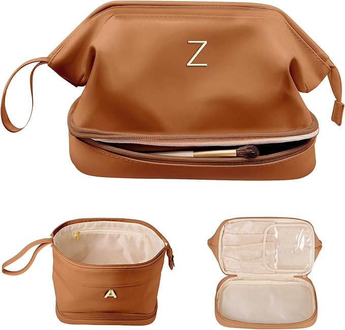 Personalized Makeup Bag, Monogrammed Gifts, Initial Double Layer Cosmetic Bag with Makeup Brush Organizer, Travel Toiletry Bag, Gifts for Friends Female Mom, Teen Girl Gifts