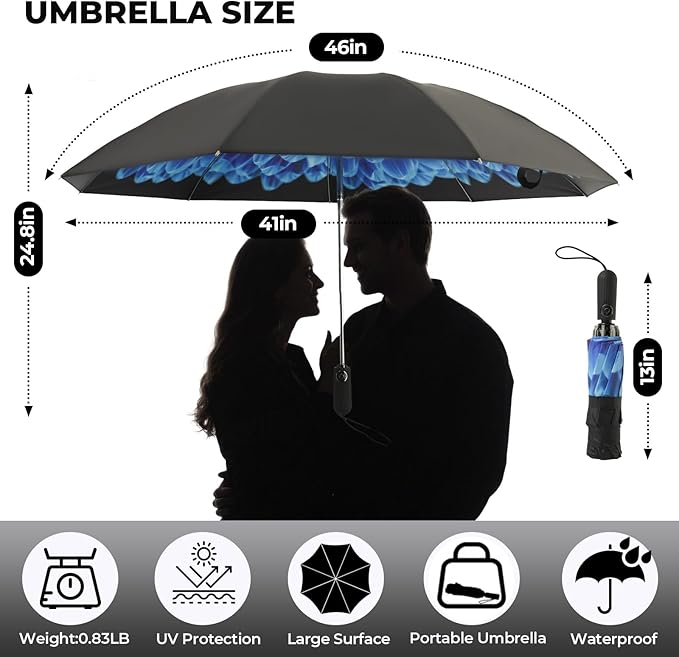 Compact Inverted Travel Umbrella, Automatic Open Close, 9-Rib 46 Inch Windproof Umbrella, Waterproof UPF 50+, Portable Umbrellas for Men, Women, Travel, and Daily Use