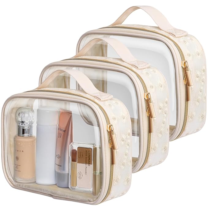 PACKISM Floral Texture TSA Approved Toiletry Bag - 180° Large Opening Clear Makeup Bags with Handle, Easily Access, Quart Size Travel Bag TSA Approved, Thick Non-deformable No Smell, Beige