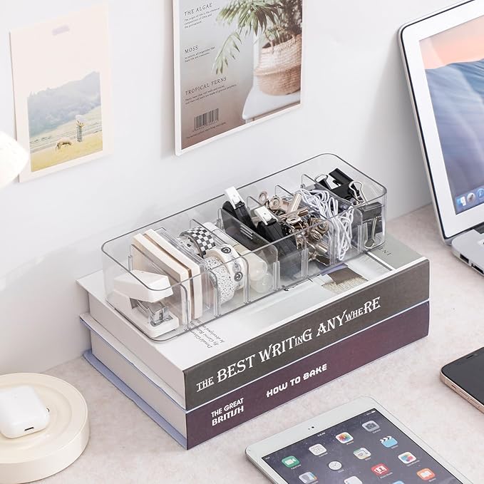 Yesesion Clear Plastic Cable Organizer Box with Adjustment Compartments, Desk Accessories Storage Case with 10 Wire Ties for Drawer, Office Supplies, Electronic Management, Battery and Charger