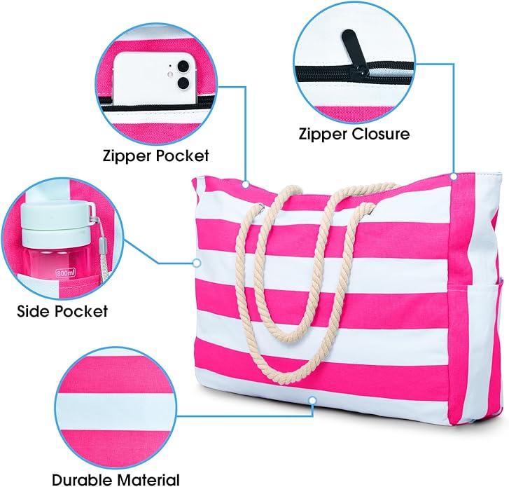 Becokan Beach Bags for Women Large Waterproof Beach Tote Bag Zipper Beach Bags Waterproof Sandproof Swim Pool Bag Large Tote