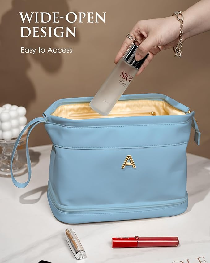 Initial Makeup Bag, Women Gifts, Personalized Double Layer Cosmetic Bag with Makeup Brush Organizer, Waterproof, Large Capacity PU Leather Travel Toiletry Bag Gifts for Friends Female Mom