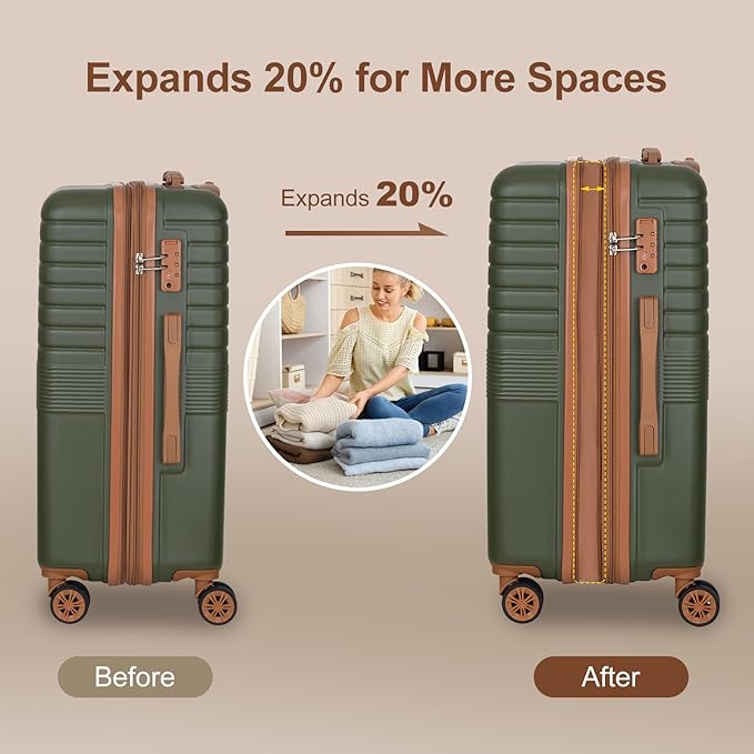 Romswi Luggage Sets 2 Piece22In, Expandable 22x14x9 Carry On Luggage with Travel Backpack, PC+ABS Hardside Suitcase Set with TSA Lock, Durable Carry On Suitcase with Spinner Wheels Green