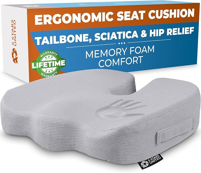 5 STARS UNITED Seat Cushion for Tailbone Pain Relief – Memory Foam Cushion for Coccyx, Hip, Hemorrhoid, Sciatica & Post-Surgery Recovery – Wheelchair, Car, Desk, Gaming & Office Chairs, L Gray