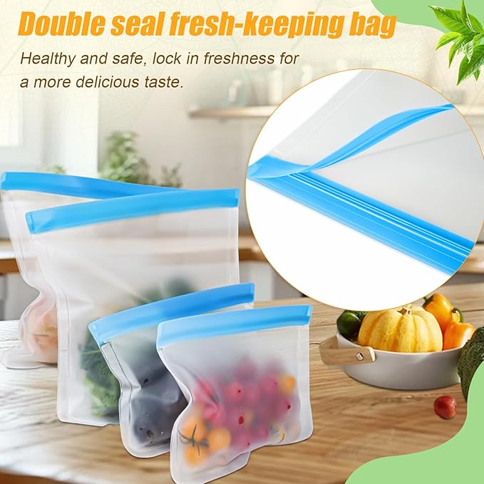 10 Pack Reusable Storage Bags, Dishwasher Safe Reusable Food Storage Bags, Silicone Leak proof Freezer Bag for Lunch, Sandwich, Snack, Marinate Meat, Salad Fruit