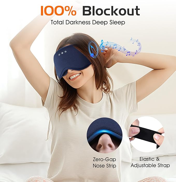 Bluetooth Sleep Mask with 2 Removable 3D Contoured Cup, Bamboo Cotton Sleeping Headphones for Side Sleepers with Timming Setting, Blackout Eye Mask for Sleeping Travel Meditation Men Women
