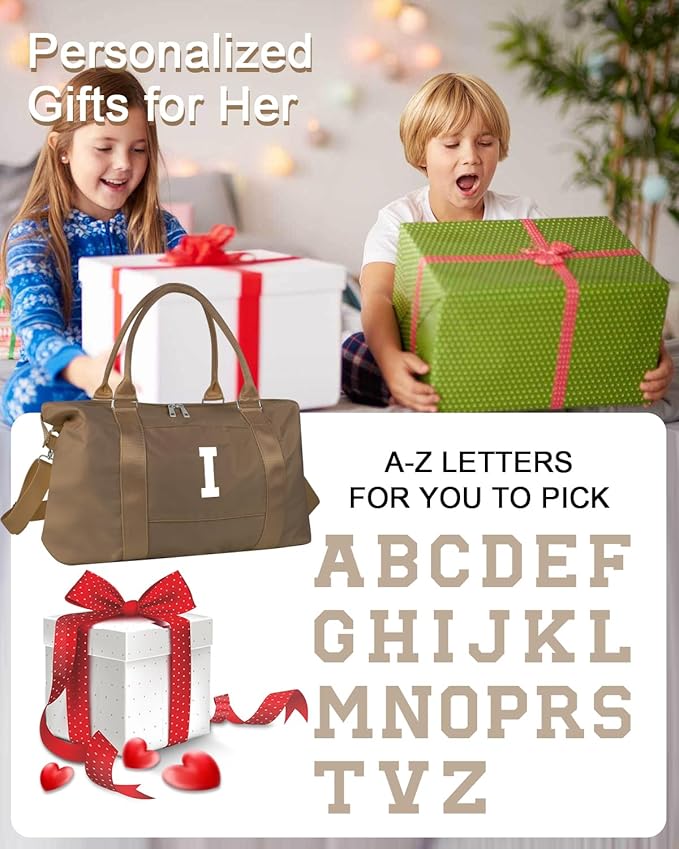 Birthday Graduation Gifts for Daughter,Initial Travel Duffel Bag Sports Gym Bag for Girls Teen Kids Birthday Gifts,Personalized Weekender Bag Carry On Tote Bags Cute Overnight Bag for Women(Brown, I)
