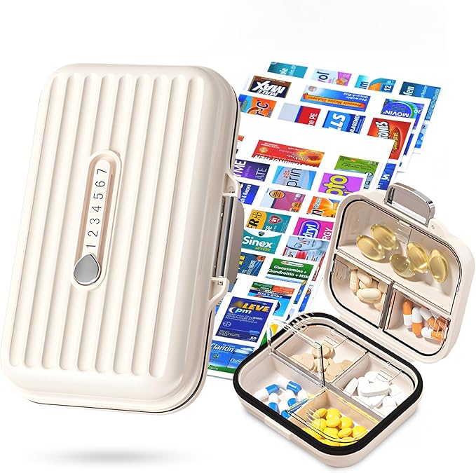 Travel Pill Organizer Box with Medicine Labels, 2Pack 7 Compartments Portable Pill Case, Daily Medication Organizer Storage Pill Container for Pocket Pharmacy(Pearly White S+L 2Pack)