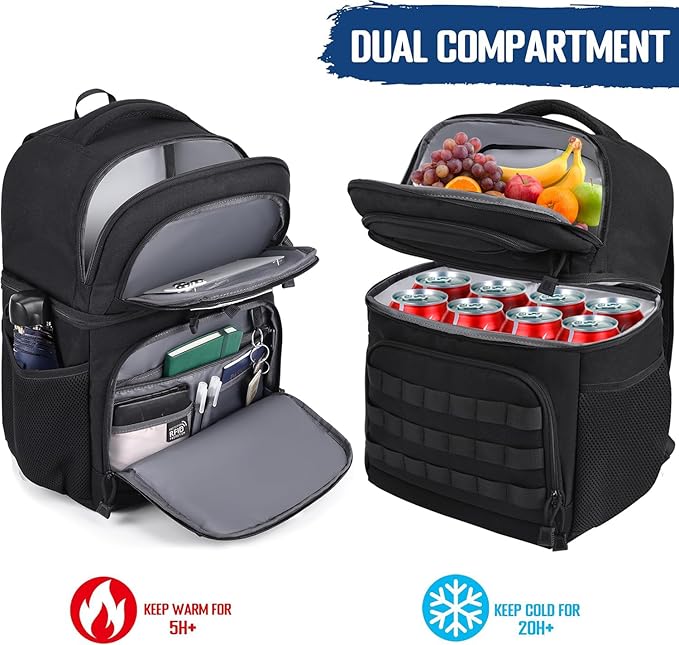 MOZETO Lunch Backpack for Men, Tactical Inspired Double Deck Cooler Backpack Insulated Leakproof RFID Lunchbox for Work