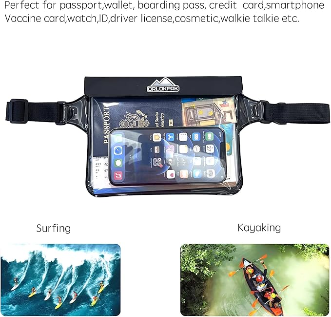 DRLOKPAK Waterproof Waist Bag Pouch Fanny Pack Bum Bag with Secret Holder Keeps Your Phone Kindle Wallet Watch & Valuables Dry - Perfect for Surf Canoe Swim Snorkel Dive Beach Pool(Black)