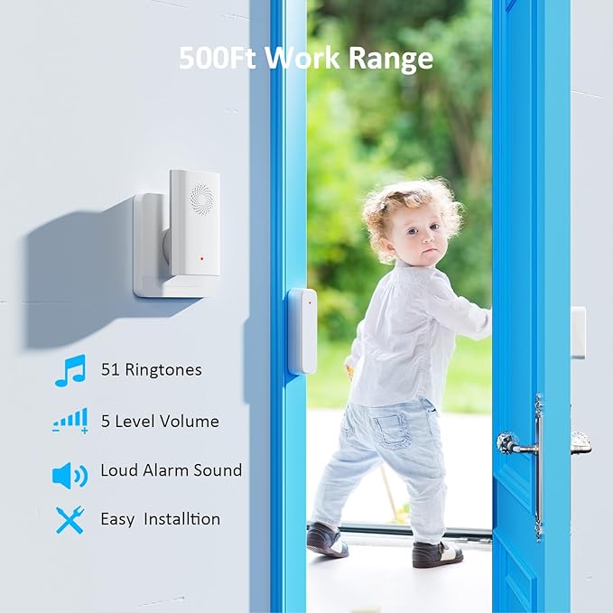 Wireless Door Chime, Door Open Sensor Alarm When Entry Business/Office/Store (500ft Range 51 Ringer Adjustable Volume) Home Alert Bell for Kid/Toddler Safety, 2 Receivers +2 Sensors