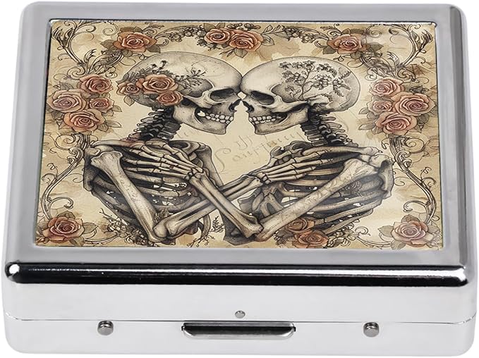 Cute and Stylish Metal Pill Box - Compact Portable Pill Organizer with 8 Compartments, Food-Grade Divider, Ideal for Travel, Vitamins, Jewelry, Cosmetics (Skull Bouquet)