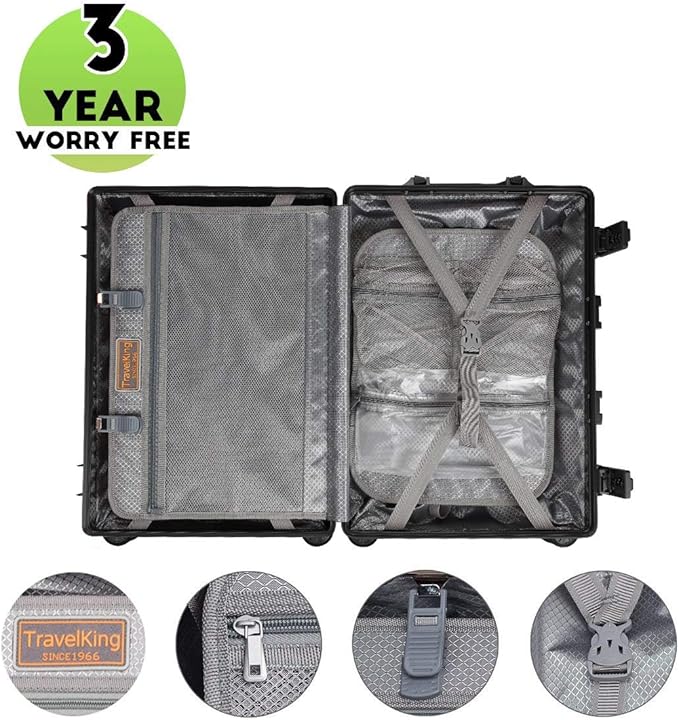 TRAVELKING All Aluminum Carry On Luggage with TSA Locks Zipperless Alloy Metal Hard Shell Spinner Suitcase (Black, 20 Inch)