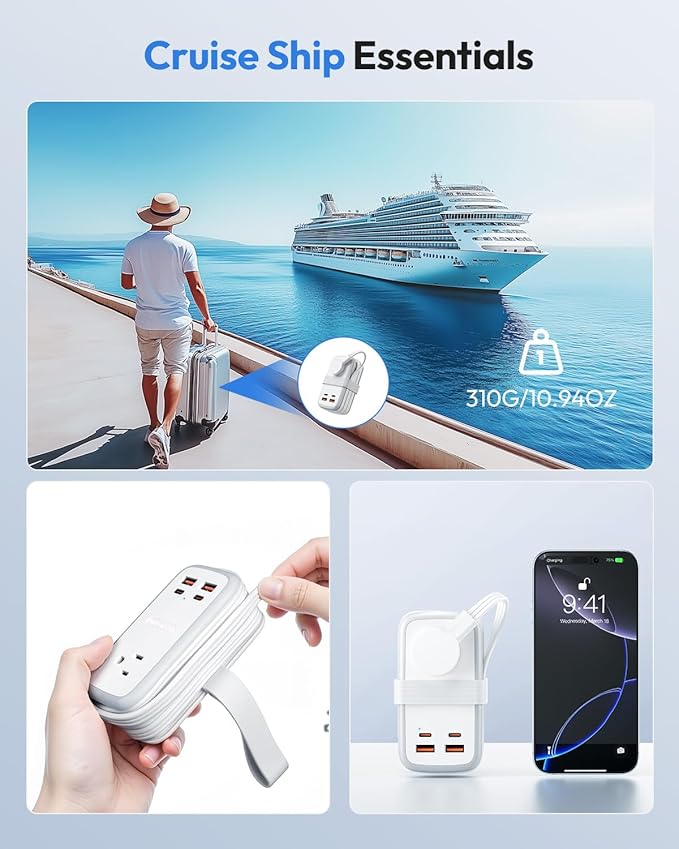 NTONPOWER GAN Ultra 65W USB Charging Station, 7 in 1 Travel Power Strip with 3 Outlets 4 USB (2 USB C), Extension Cord 4ft, Travel Essentials, Cruise Power Strip Compatible with MacBook, iPhone, White