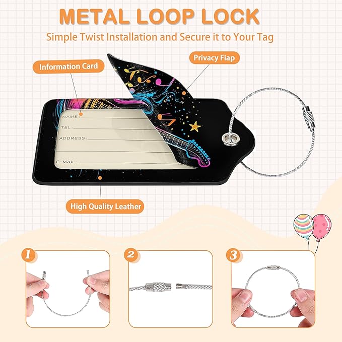 Electric Guitar Neon 3 PCS PU Leather Luggage Tags for Suitcase, Color Burst Guitar Luggage Tag with Privacy Flap, Name ID Label and Metal Loop for Women Men Baggage Handbag School Bag Backpack