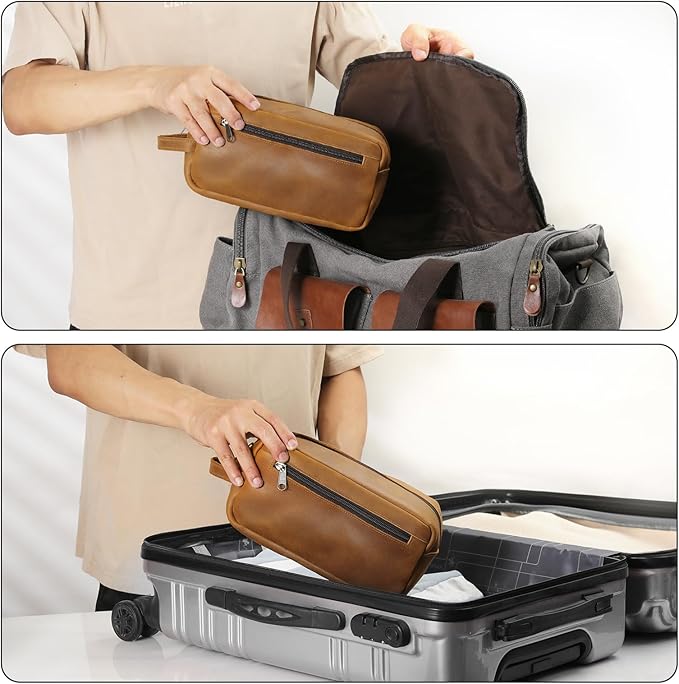 Ringsun Genuine Leather Toiletry Bag, Hanging Makeup Bag with Large Capacity for Women Men, Handcrafted Vintage Travel Toiletry Bag for Accessories, Shampoo, Full-size Container, Toiletries