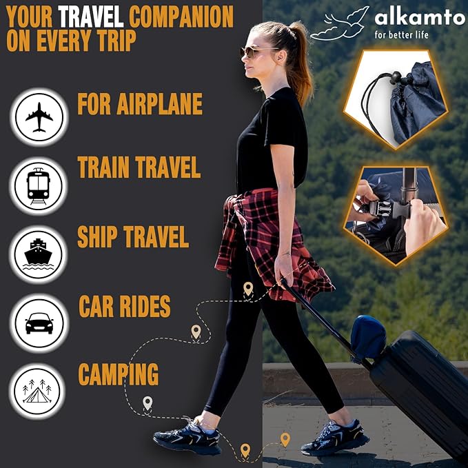 Travel & Camping Comfortable Memory Foam Pillow – Easy to Carry Portable Bag – Temperature Regulating Pillow Case (White Contour + Extra Cover)