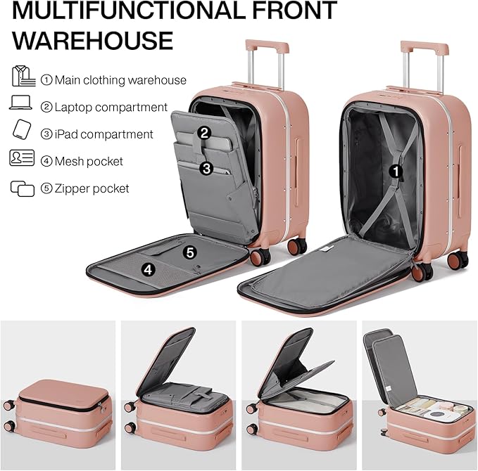 mixi Carry On Luggage, 20'' Suitcase with Front Laptop Pocket, Travel Rolling Luggage Aluminum Frame PC Hardside with Spinner Wheels & TSA Lock and Cover - Pink
