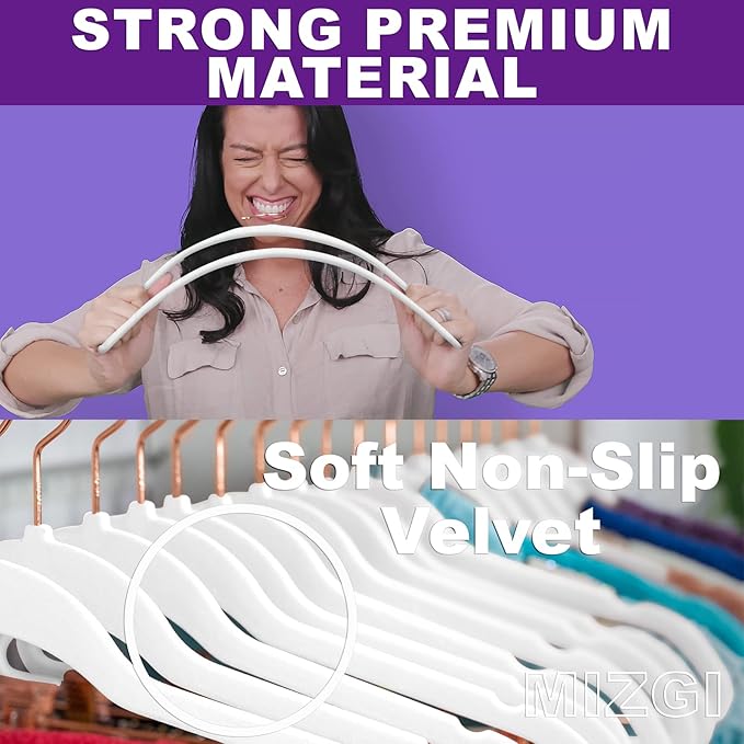 MIZGI Premium Velvet Hangers (60 Pack) Heavy Duty - Non Slip Felt Hangers - Velvet Suit Hanger White - Rose Gold Hooks,Space Saving Clothes Hanger