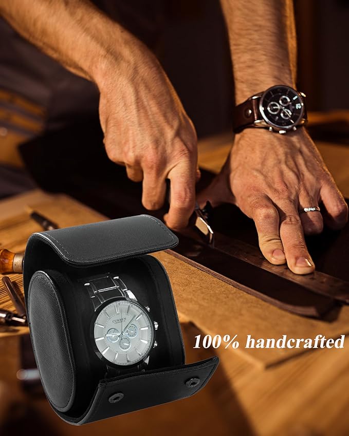 MR.OKAY Single Watch Travel Case-Classic Leather Watch Case With Superb Texture.Portable Watch Roll Or Organizer For Storage And Display. Travel Gift for Men,All Handcrafted By Leather Craftsmen