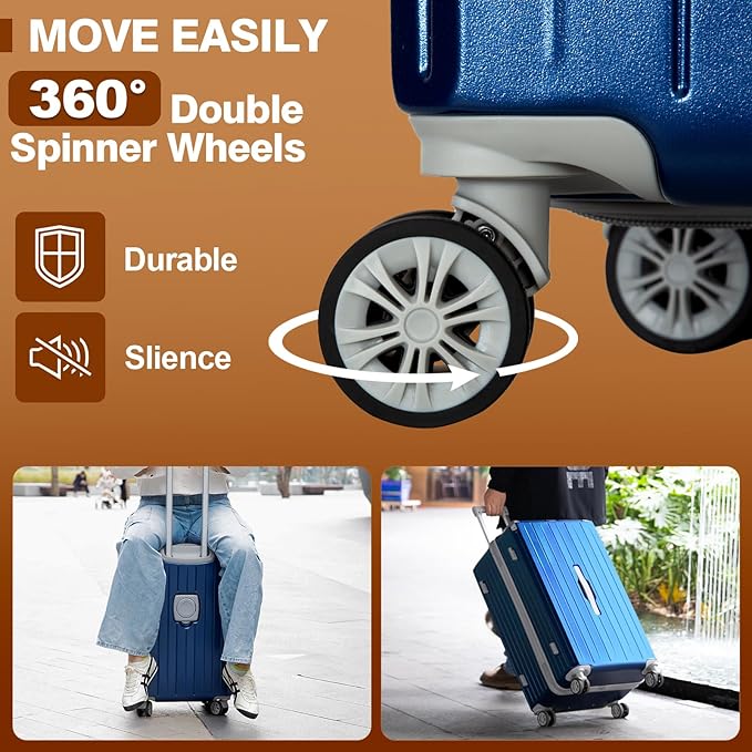 Romswi Suitcase Set with TSA Lock Cup Holder, Hardside Spinner Suitcase with Duffel Bag, Lightweight Durable PC+ABS Navy 5 PCS(20/24/28inch)