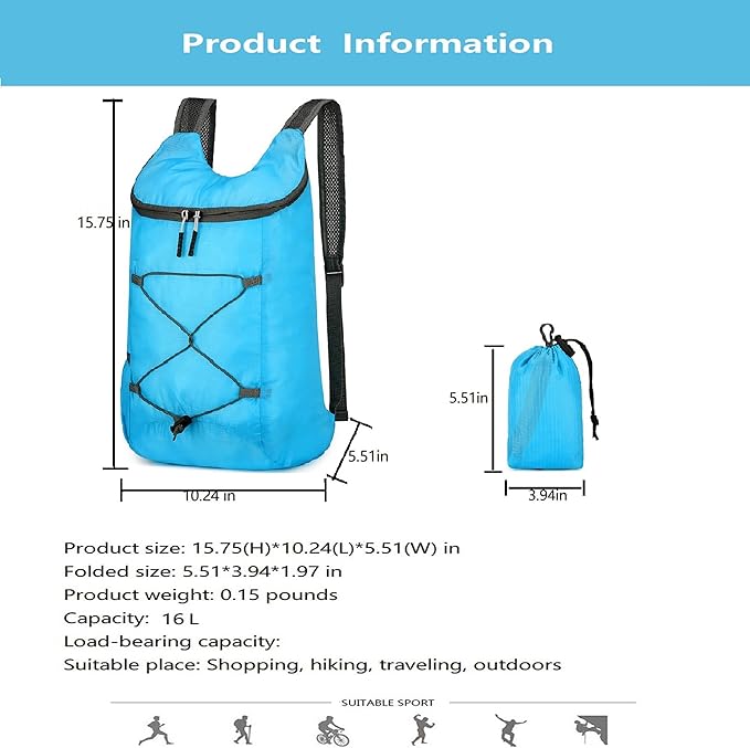 16L Hiking Daypack Lightweight Foldable Travel Backpack Water Repellent Camping Outdoor Packable Easy Carry-on Bag (Blue)