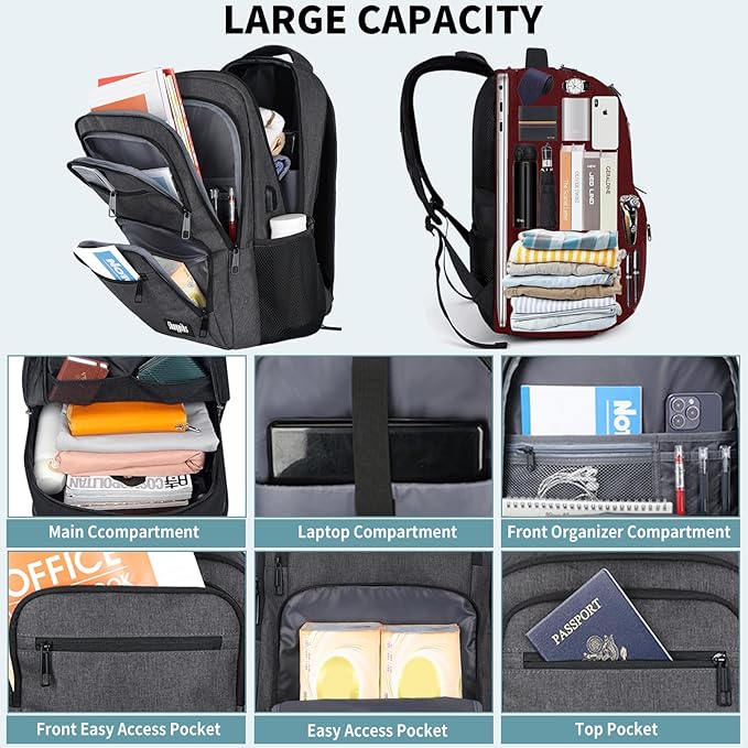Backpck for Men Women, School Backpack for Boys Teens, 15.6 inch Laptop Back Pack with USB Charger Port, Bookbag with USB Charger for College High Middle School Travel Business Work Mochilas Black