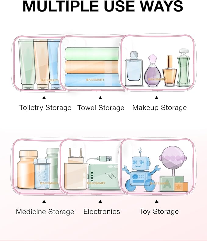 BAGSMART Clear Toiletry Bag, 2 Packs TSA Approved Water Resistant Quart Size Travel Organizer, 2 Sizes Airport Airline Travel Essential Carry On Makeup Cosmetic Bags for Women, Pink