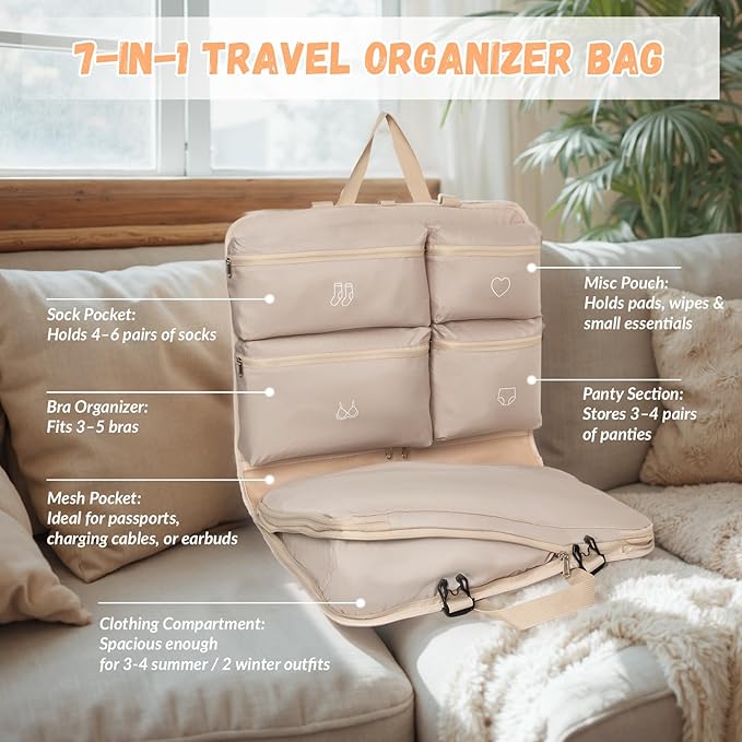 Hanging Packing Cubes,Garment Bags for Travel and Storage, Travel Apparel Bags for Men Women with 5 Solid Color Pockets, Storage Bags for Clothes, Socks,Underwear for Carry on Suitcase (Khaki)