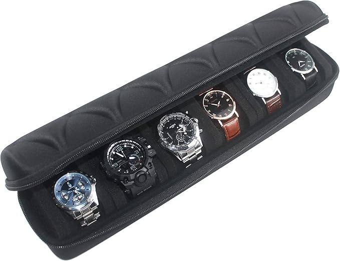 Watch roll travel case organizer for 6 watches, Storage Organizer and Display with innovative watch pillow, fit large up to 60mm faced watches (Black, 6 Slot)
