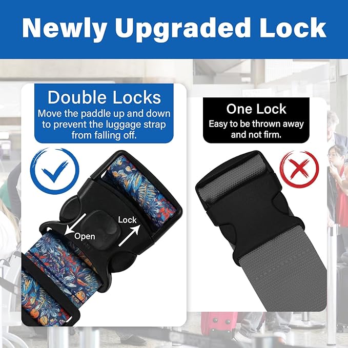 Luggage Straps for Suitcases, Travel Adjustable Belt with Quick Release Buckle, Heavy Duty Nylon Bag Packing Strap, Unique Bright Identifiers Business Travel Accessories (2 Pack) - Blue Flowers