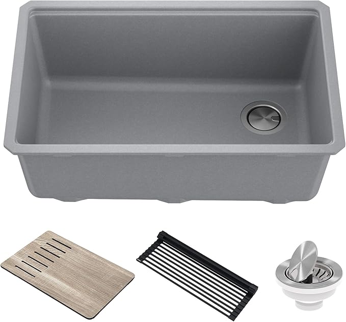 KRAUS Kitchen Sink Bellucci 29” Undermount Workstation Granite, Metallic Gray, Accessories, KGUW2-30MGR