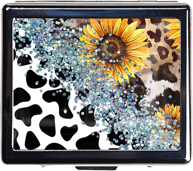 Silver Vintage Pill Box 7 Day Metal Pill Box with Mirror and 8 Compartments Cute Travel Pill Organizer for Purse (Cow Sunflower Leopard)