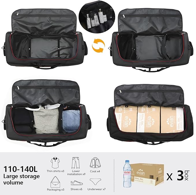CONTAIL 32" Soft-Sided Rolling Duffle Bag with 2 Wheels,Expandable from 110L to 140L, Foldable Travel Duffel with Multiple Compartments,Black-red
