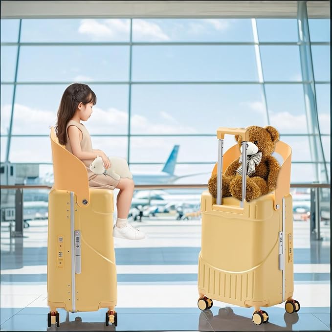 TABU 20" Ride-on Luggage with Seat，Front Opening Carry-On Hardshell Ride On Suitcase with Built-in Charging Port, 360° Lockable Spinner and TSA Lock, for Kids & Adults, Yellow