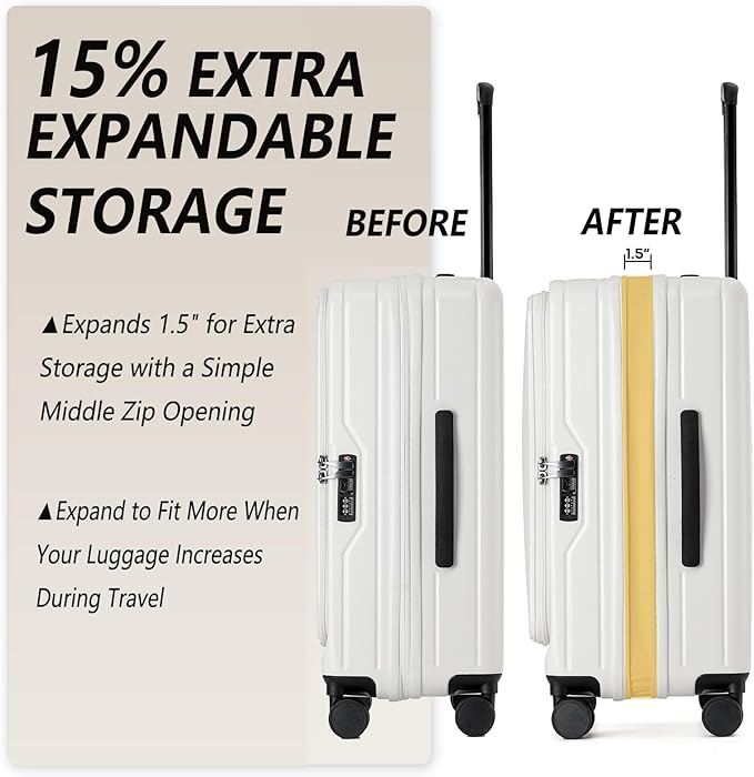 24 Inch Top Opening Checked Travel Luggage Expandable with Spinner Wheels,All PC Hard Shell Hardside Lightweight Medium Suitcase with TSA Approved Cup Holder for Business Trips Woman Men,White