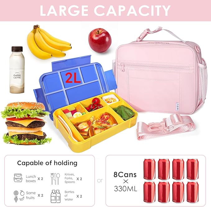 NOL Kids Lunch Bag - Kids 3+ Reusable Insulated Lunch Box with Zipper Closure Buckle Handle Adjustable Long Shoulder Strap, Easy-Clean Waterproof Fabric, Children Lunch Tote Bag for School -Pink