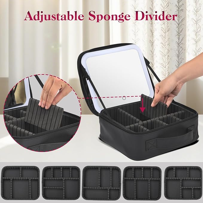 Travel Makeup Bag With LED Mirror,Cosmetic Train Case with 3 Color Setting,Cosmetic Makeup Organizer Bag with Adjustable Dividers,Portable Make up Box with Make up Brushes Holder Storage（Back）