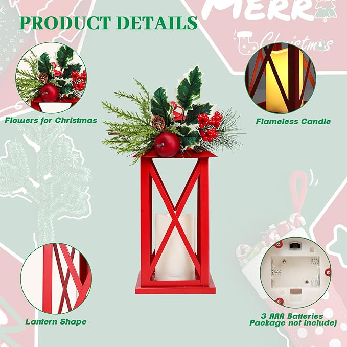 Christmas Decorative Lanterns 2 Pack Outdoor Lantern 13.5" Waterproof Battery Powered LED Hanging Lanterns with Flamessless Candle for Front Porch, Entrance, Indoor, 2 Pack