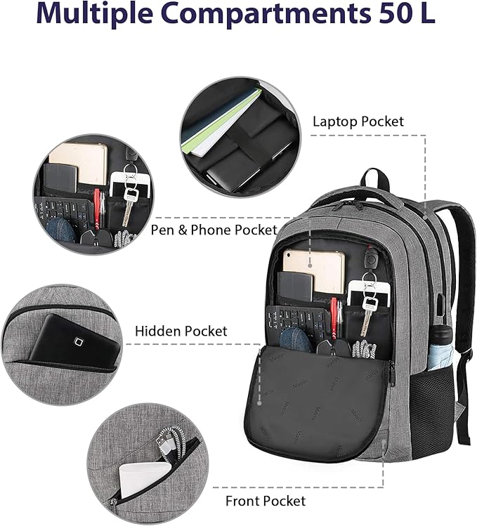 MATEIN 18 Inch Laptop Bookbag, 50 L Extra Large School Laptop Backpack with Luggage Strap and TSA Laptop Compartment for Men Women, Waterproof Carry On Computer Bag for Students Teachers, Grey