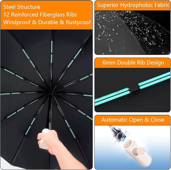 Large Double-Ribs Umbrella Automatic Folding Umbrella for Women Men, Travel, UPF 50+ UV Protection