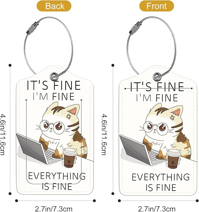 2Pack Luggage Tags for Suitcases, Cute Unique Pu Leather Cruise Luggage Tag with Privacy Cover ID Label Address Card and Metal Ring Suitable for Women Men Kids Girls Travel Bag Tag Angry Cat