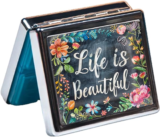 Cute and Portable Metal Pill Organizer – 8 Compartments, Elegant Chrome Finish, Ideal for Travel and Daily Use (Life is Beautiful Floral)