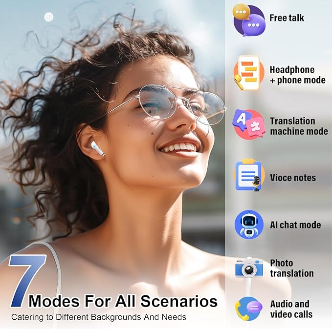 AI Translation Earbuds Real Time with Audio and Video Calls, 3-in-1 Language Translator Earbuds,164 Languages, 7 Translation Modes, 32H Buletooth 5.3 Headphones with Translating Device White