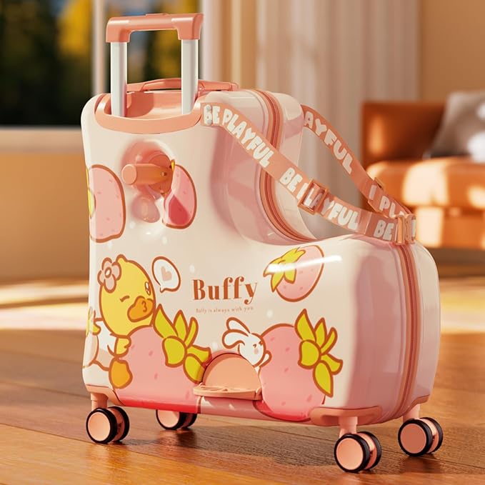 Kids' Lightweight Ride on Luggage with Spinner Wheels & Foldabe Design (Pink Strawberry, 24"+ Aged 3-12 Toddler)